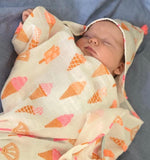 Hydrofiele Doek XL - 102 x 102 cm - Wit met IJsco - Roze - Met mutsje