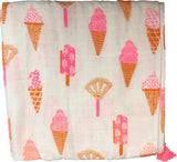 Hydrofiele Doek XL - 102 x 102 cm - Wit met IJsco - Roze - Met mutsje